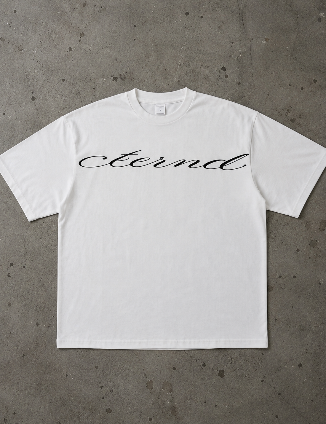 White oversized Eternal Structure t-shirt with a black cursive script wordmark across the chest